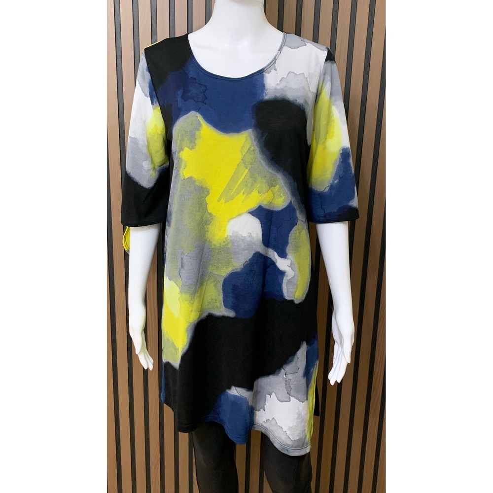 Clara Sun Woo Abstract Watercolor Tunic Top Blue Yellow Tie Sleeve S Lagenlook